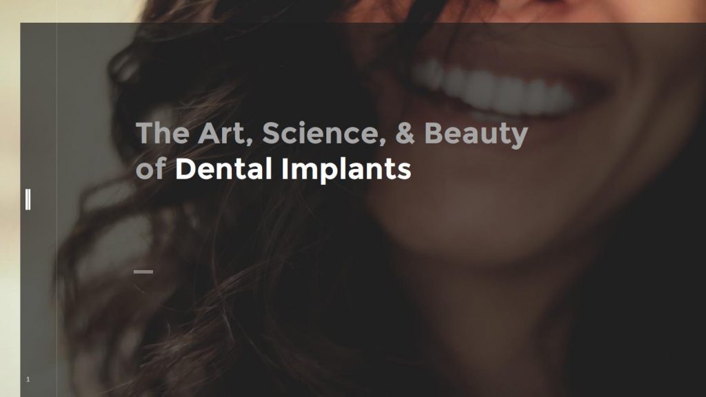 Our dental implant ebook cover, a woman’s lower face expressing a smile, with “The Art, Science,& Beauty of Dental Implants”