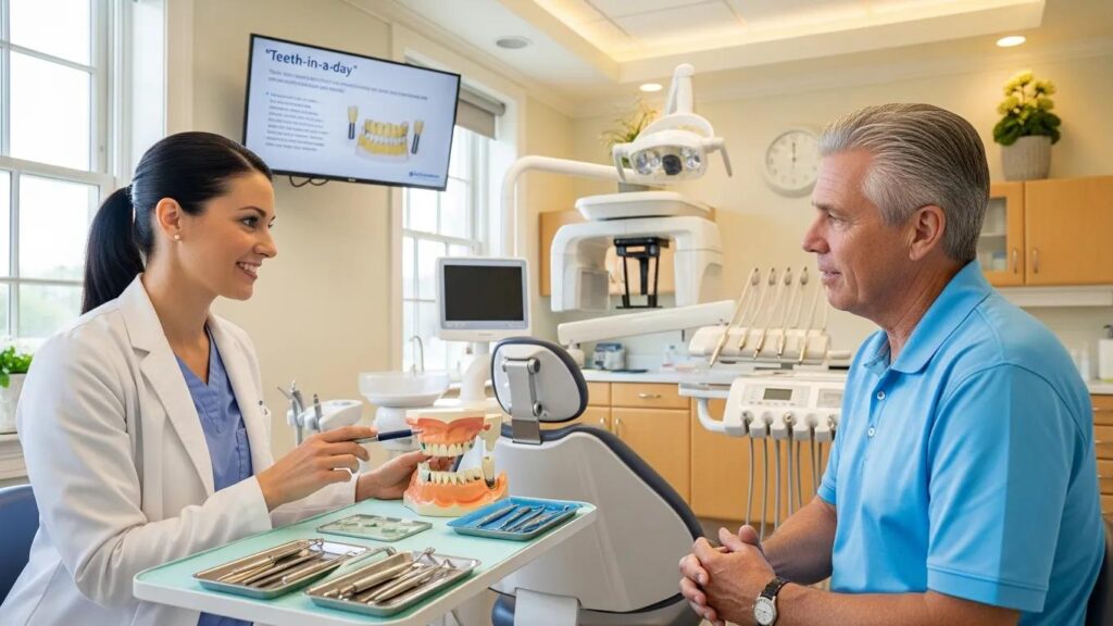 dental-clinic-scene-with-dentist-explaining-teeth-in-a-day-implants-to-a-patient
